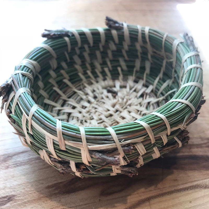 small, hand-sewn pine needle basket